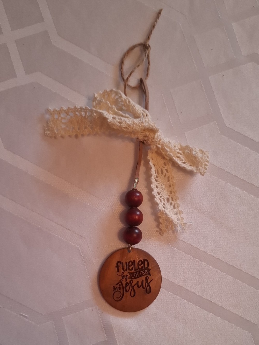 Wooden 'Fueled by Coffee and Jesus' Hanging Charm - Cream Lace & Brown Beads
